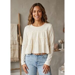Altar'd State Women's Cream Crop Shirt Long Sleeve Size XXS Ruffle Tiered Boho
